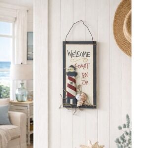 Vintage Coastal Welcome Sign Lighthouse Wall Decor Nautical Beach Cottage